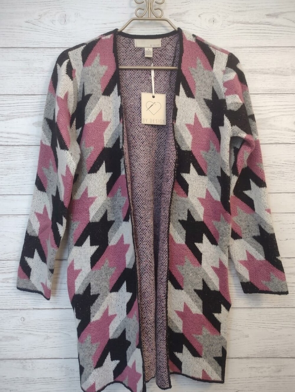 By Design Randee Longline Open Front Cardigan Sweater Fuchsia Houndstooth Medium